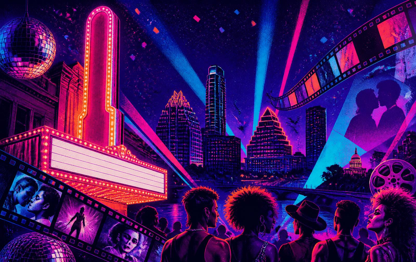 Neon illustration of the Austin skyline with a theater marquee, film strips and a crowd at night